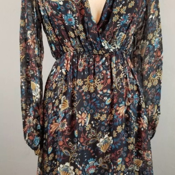 ELENA BALDI Italy Silk Blend Floral V-neck Long Sleeve Hi Low Hem Dress Size Med - Picture 3 of 12